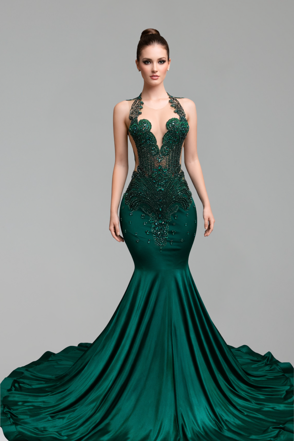 Green Beaded Mermaid Gown - LAROSABRIDE
