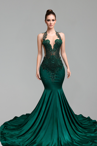 Green Beaded Mermaid Gown - LAROSABRIDE