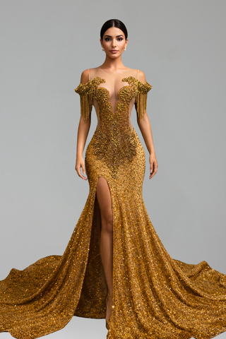 Beaded Fringe High Slit Gown - LAROSABRIDE