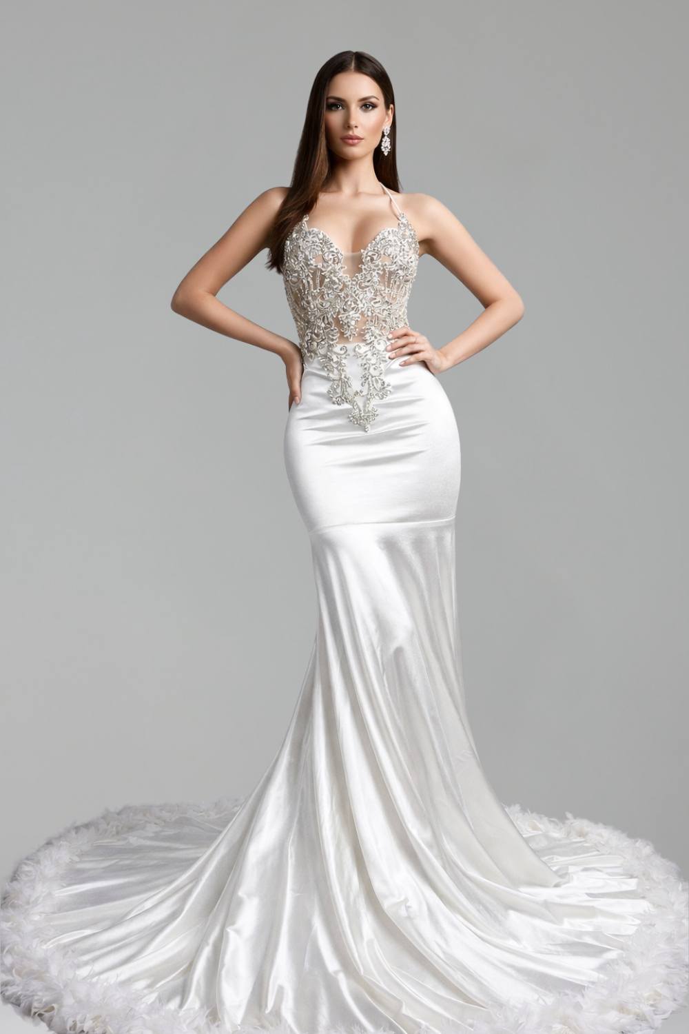 Halter Illusion Lace Satin Mermaid Gown - LAROSABRIDE