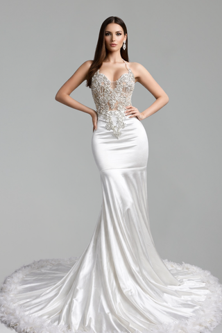 Halter Illusion Lace Satin Mermaid Gown - LAROSABRIDE
