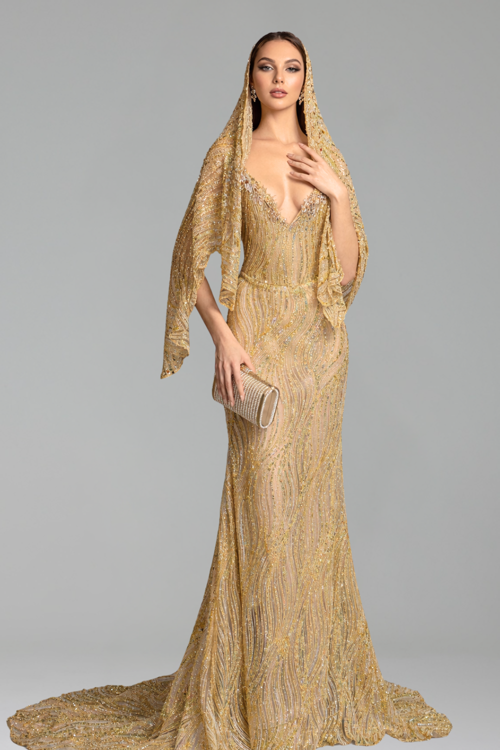 Hooded Beaded Sheath Evening Gown - LAROSABRIDE