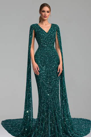 Pearl Beaded Cape Sleeve Dress - LAROSABRIDE
