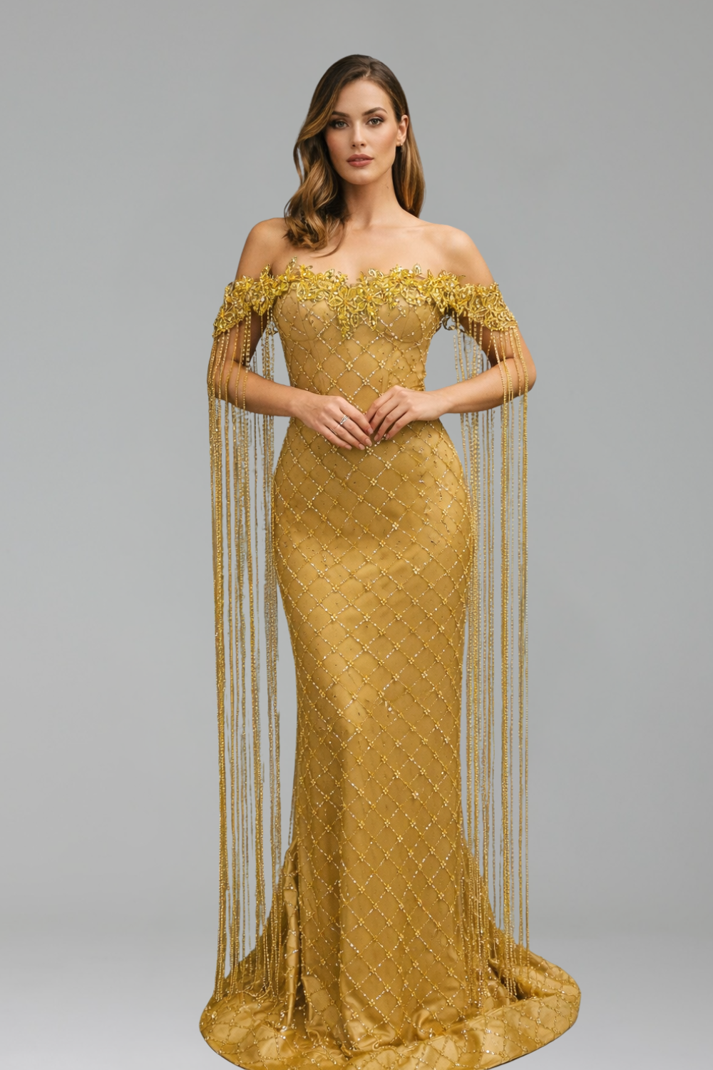 Beaded Tassel Off Shoulder Dress - LAROSABRIDE