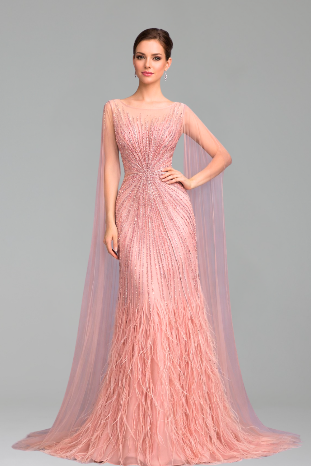 Feather Cape Sleeve Evening Dress - LAROSABRIDE