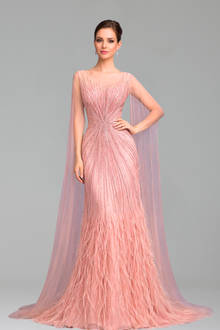 Feather Cape Sleeve Evening Dress - LAROSABRIDE