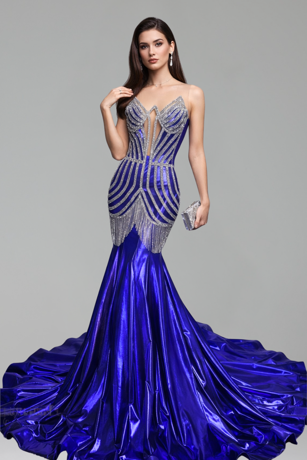 Beaded Fringe Illusion Mermaid Satin Gown - LAROSABRIDE