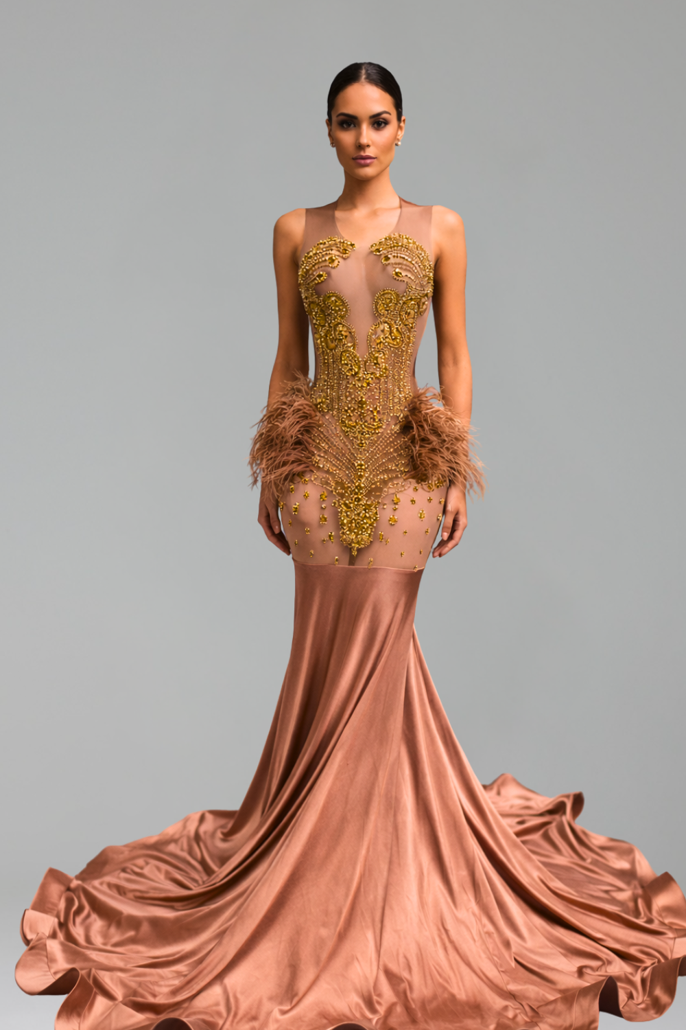 Illusion Feather Detail Mermaid Gown - LAROSABRIDE