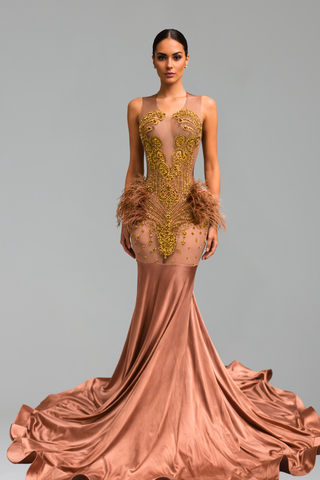 Illusion Feather Detail Mermaid Gown