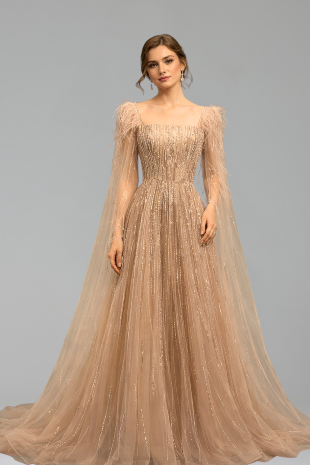 Feather Beaded Cape Dress - LAROSABRIDE