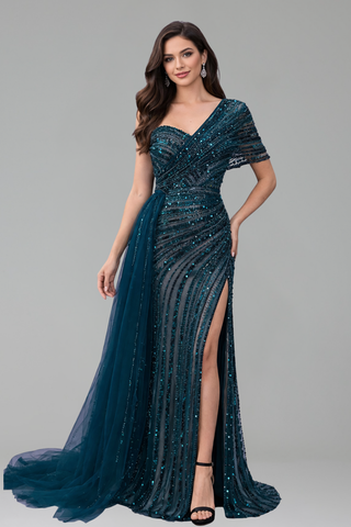 One Shoulder Beaded Split Dress - LAROSABRIDE