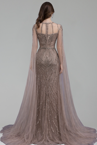 Beaded Mermaid Dress with Cape Sleeves - LAROSABRIDE
