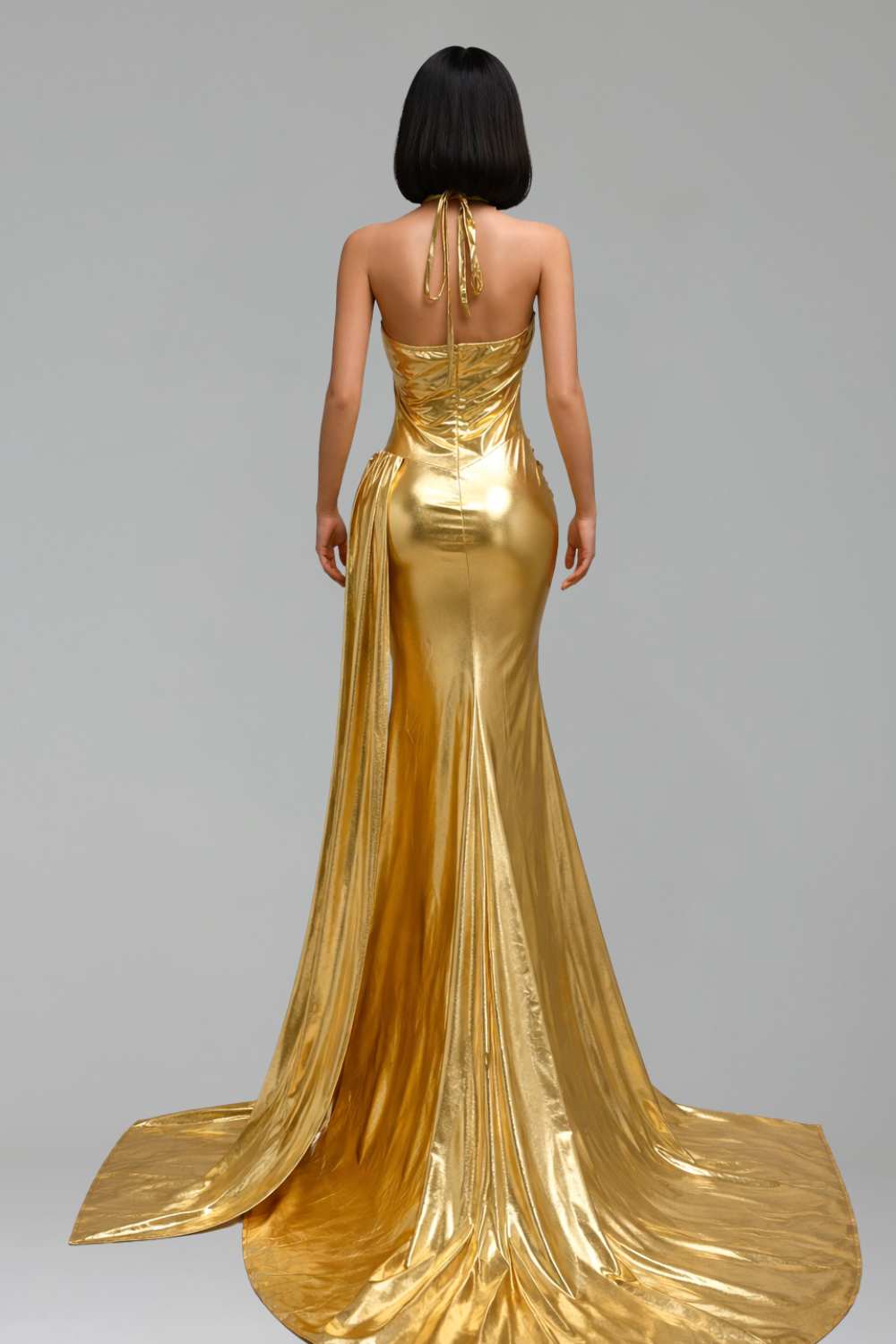 Gold Halter High Slit Gown - LAROSABRIDE