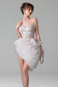 Feathered Tulle Corset Mini Dress - LAROSABRIDE