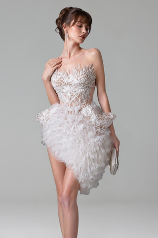 Feathered Tulle Corset Mini Dress - LAROSABRIDE