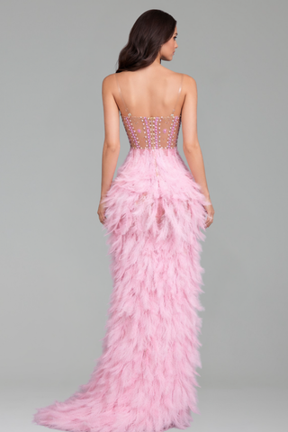 Feathered High-Slit Rhinestone Dress