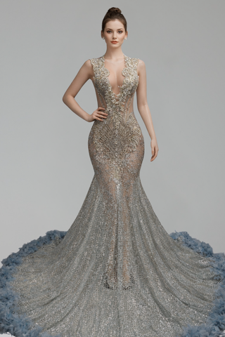 Beaded Illusion Mermaid Feather Gown