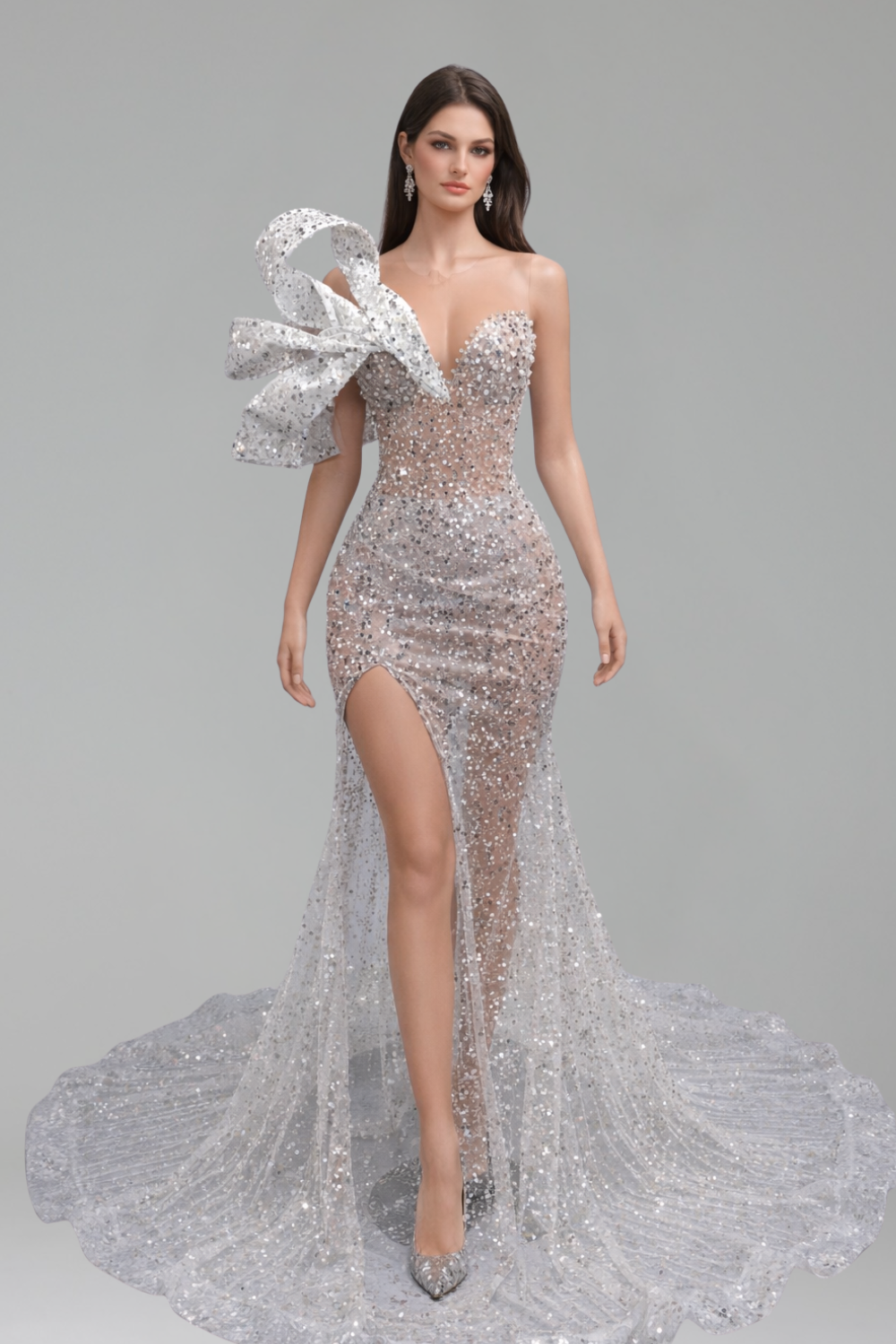 Bow Shoulder High Slit Gown - LAROSABRIDE