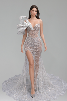 Bow Shoulder High Slit Gown - LAROSABRIDE