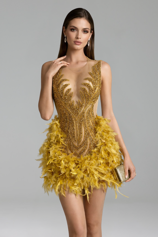 Crystal Embellished Feather Mini Dress - LAROSABRIDE