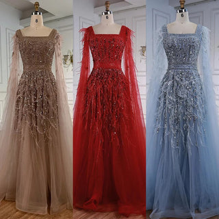 Ships in 2 to 5 Days - Luxury Elegant Blue Beaded A-Line Evening Dress – Formal Gown with Feather Details.