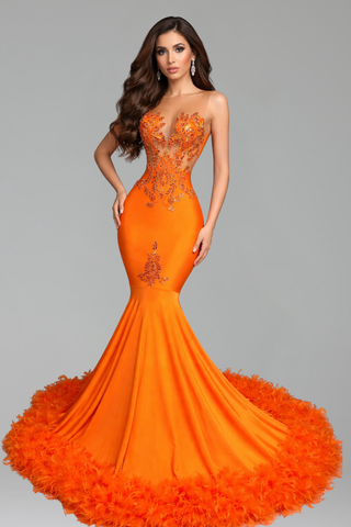 Feathered Beaded Mermaid Gown - LAROSABRIDE