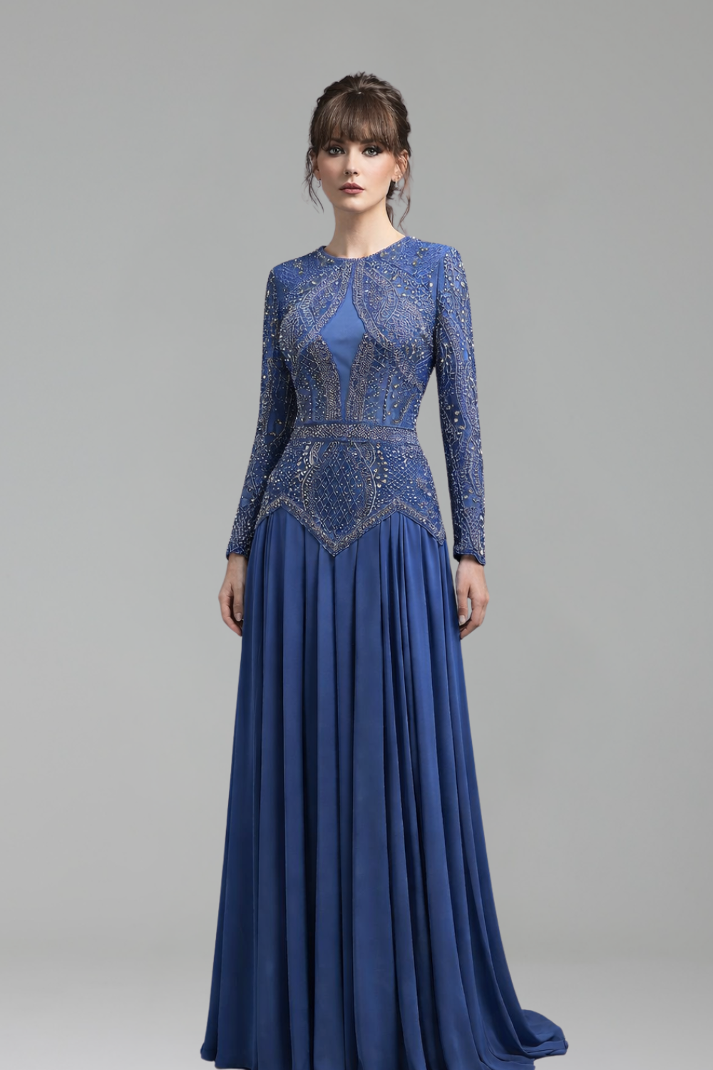 Long Sleeve Gown with Sheer Bodice - LAROSABRIDE