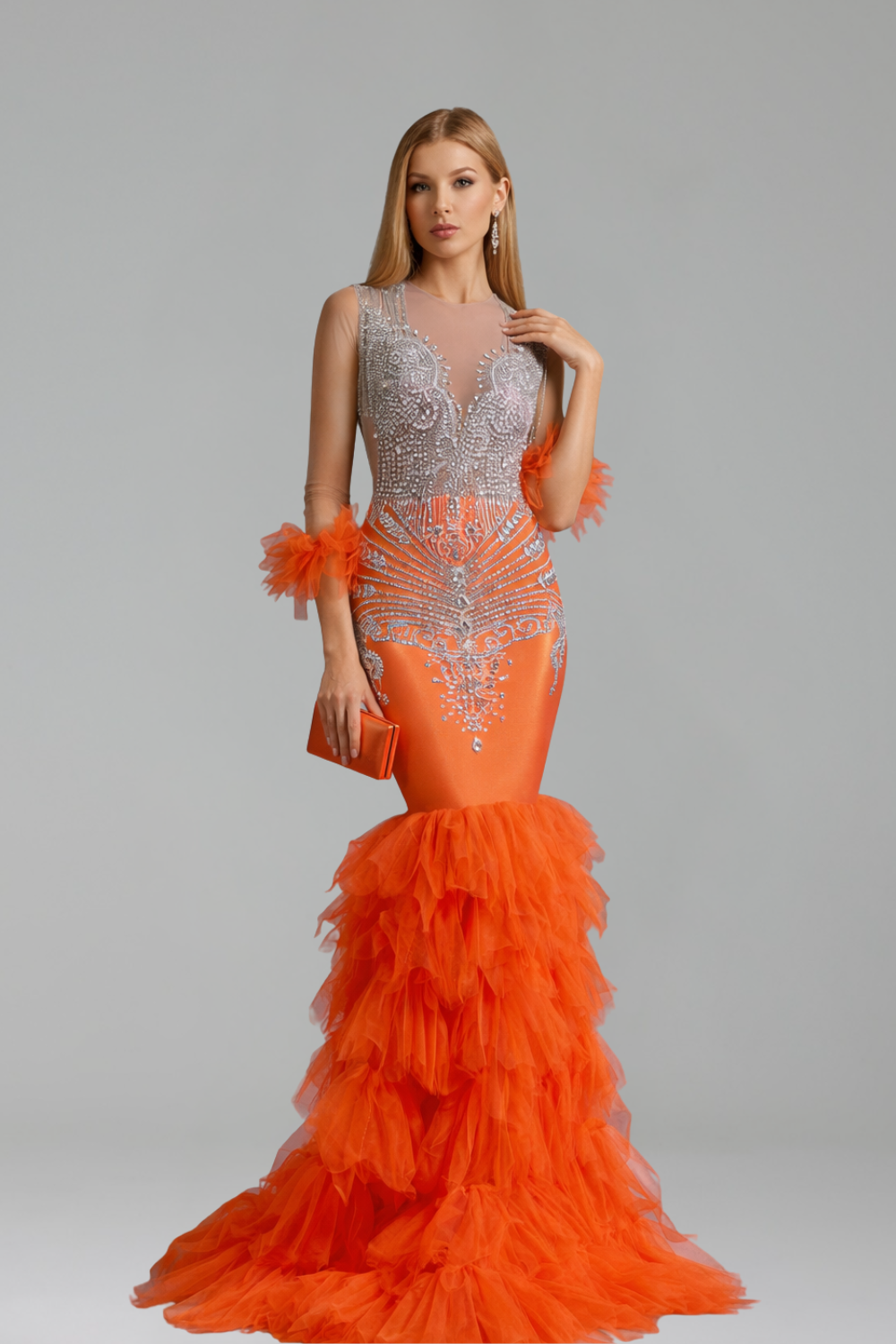 Beaded Ruffle Mermaid Evening Gown - LAROSABRIDE