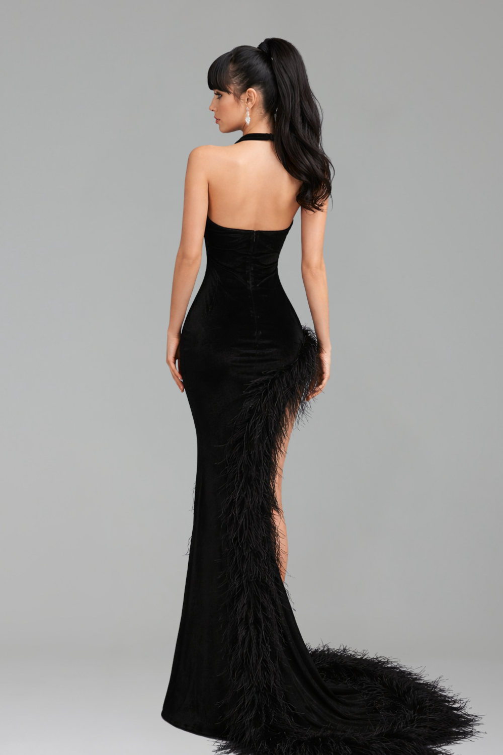 Feather-Trimmed Black Halter Gown - LAROSABRIDE