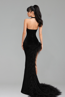 Feather-Trimmed Black Halter Gown - LAROSABRIDE