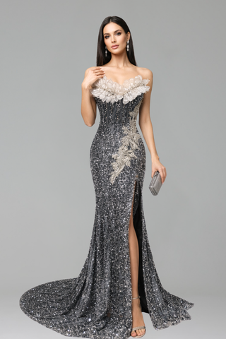 Off Shoulder Floral Embellished Slit Gown - LAROSABRIDE