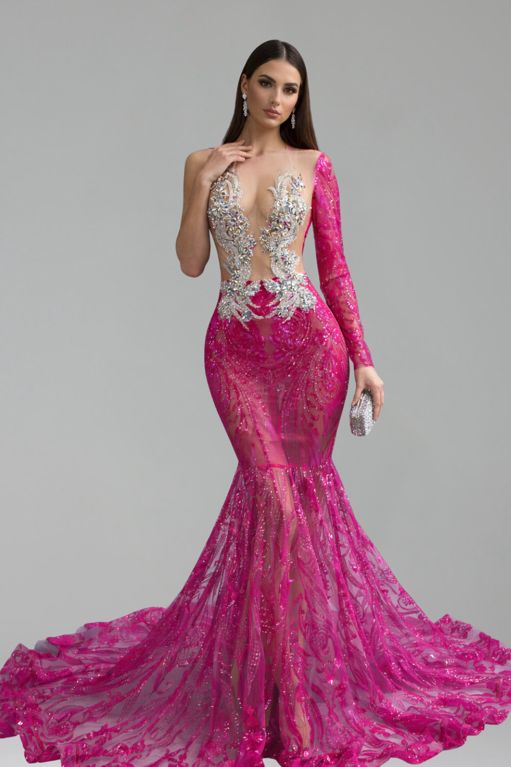 One Sleeve Illusion Appliqu� Mermaid Gown - LAROSABRIDE