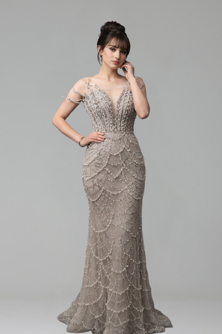 Pearl Beaded Strapless Mermaid Dress