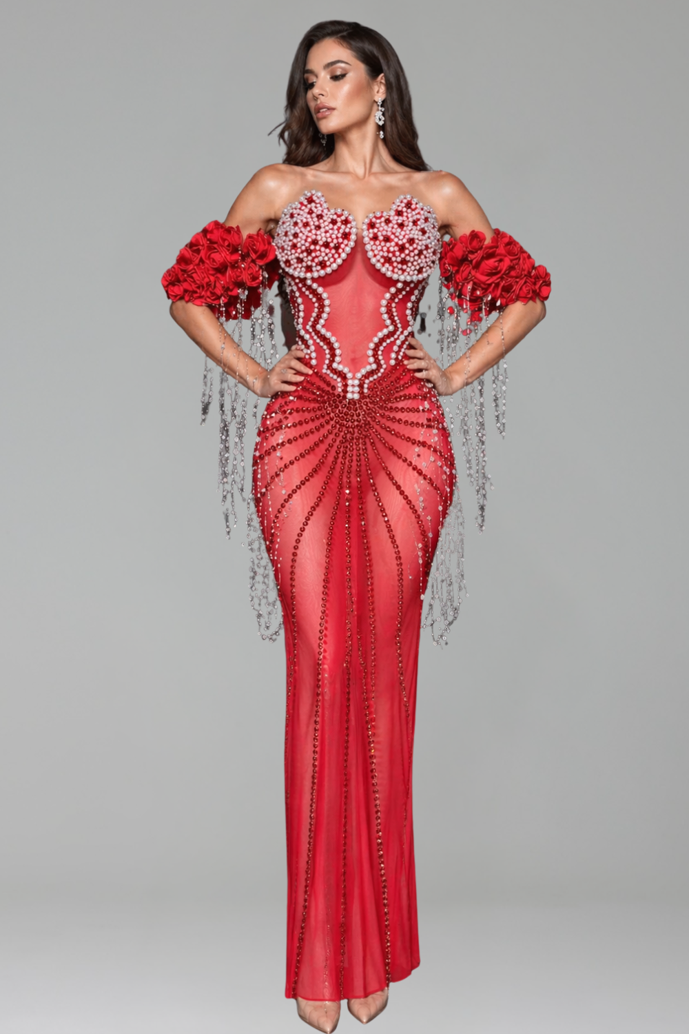 Off-Shoulder Rose Crystal Illusion Gown - LAROSABRIDE