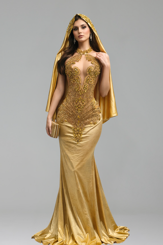 Sheer Embellished Halter Cape Gown - LAROSABRIDE