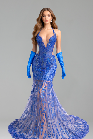 Halter Illusion Lace Mermaid Gown - LAROSABRIDE