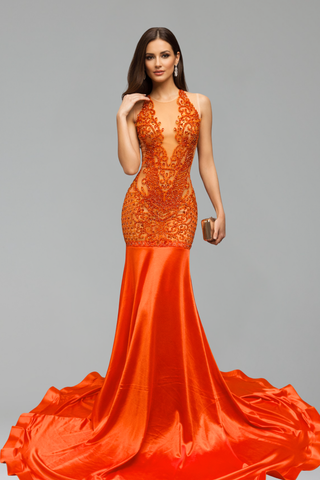Sheer Embellished Satin Mermaid Gown - LAROSABRIDE