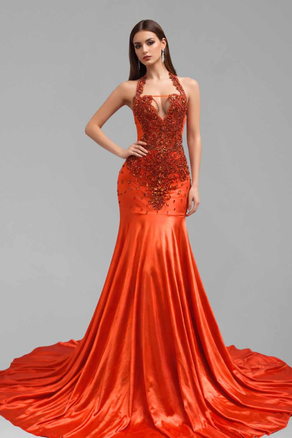 Halter Embellished Satin Mermaid Gown - LAROSABRIDE