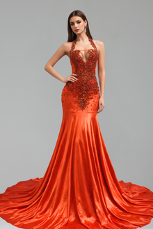 Halter Embellished Satin Mermaid Gown - LAROSABRIDE