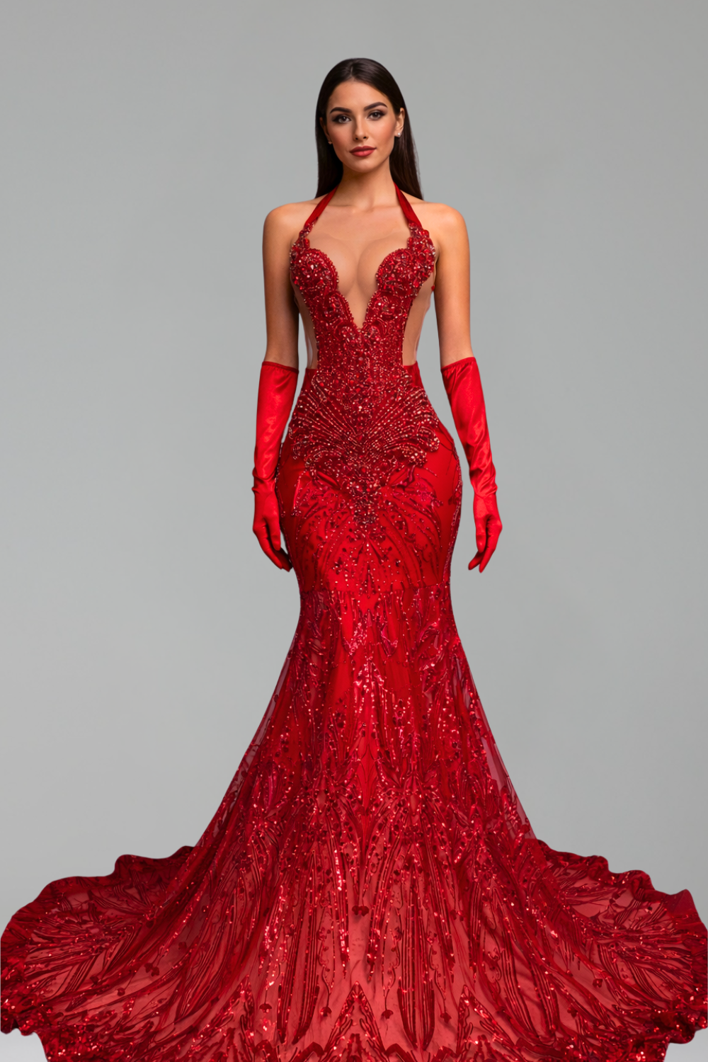Halter Illusion Sequin Mermaid Gown - LAROSABRIDE