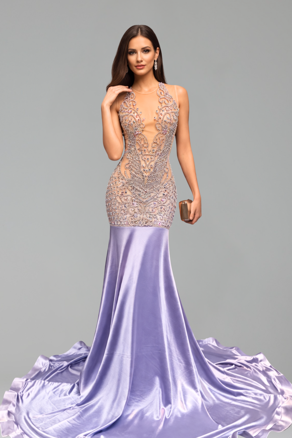 Sheer Embellished Satin Mermaid Gown - LAROSABRIDE