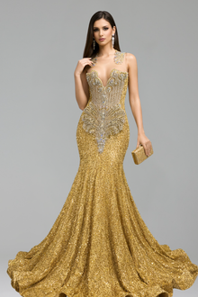 Crystal Embellished Mermaid Evening Gown - LAROSABRIDE