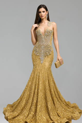Crystal Embellished Mermaid Evening Gown - LAROSABRIDE