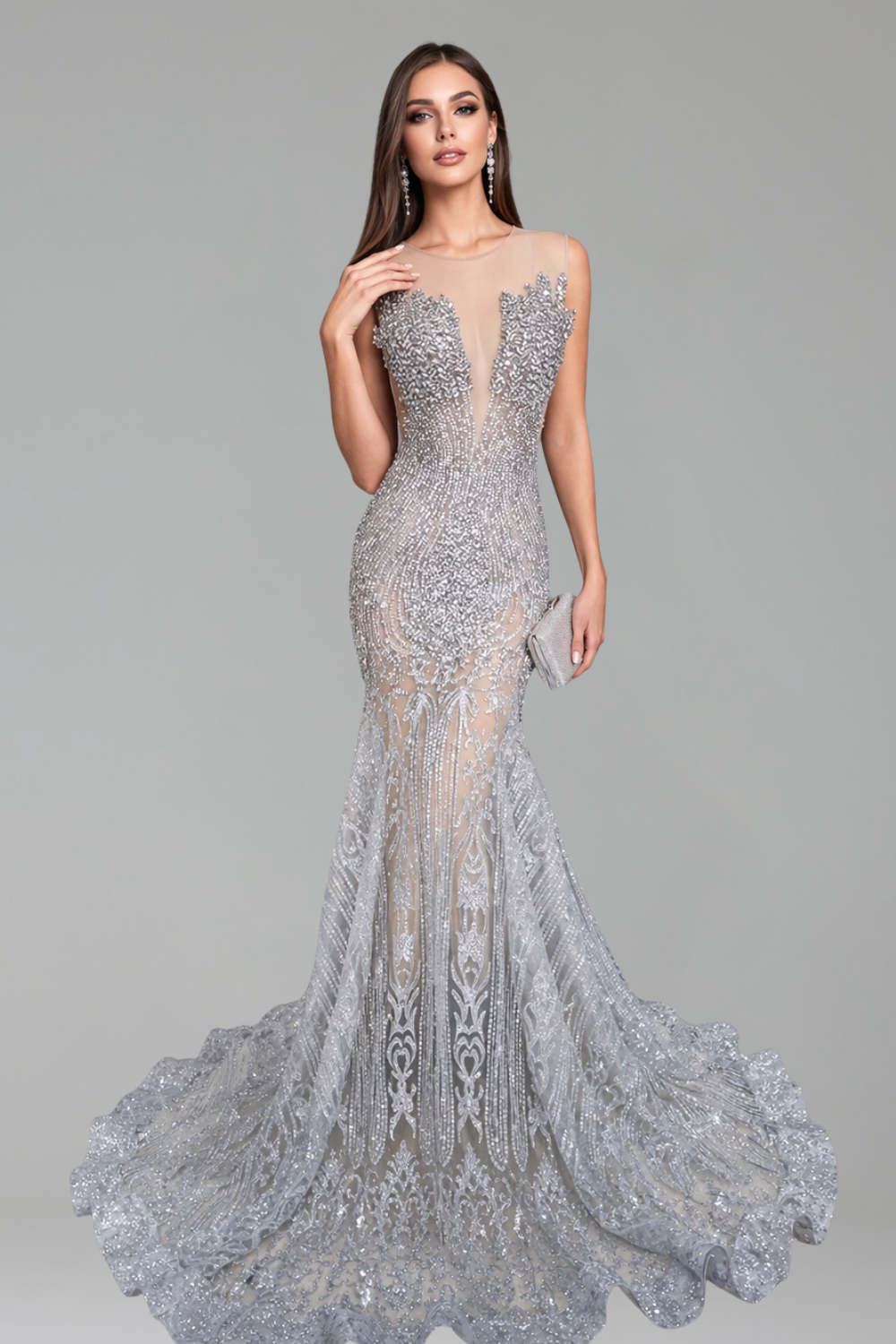 Deep V Neck Beaded Mermaid Gown - LAROSABRIDE