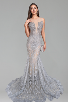 Deep V Neck Beaded Mermaid Gown - LAROSABRIDE