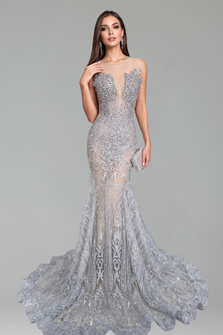 Deep V Neck Beaded Mermaid Gown - LAROSABRIDE