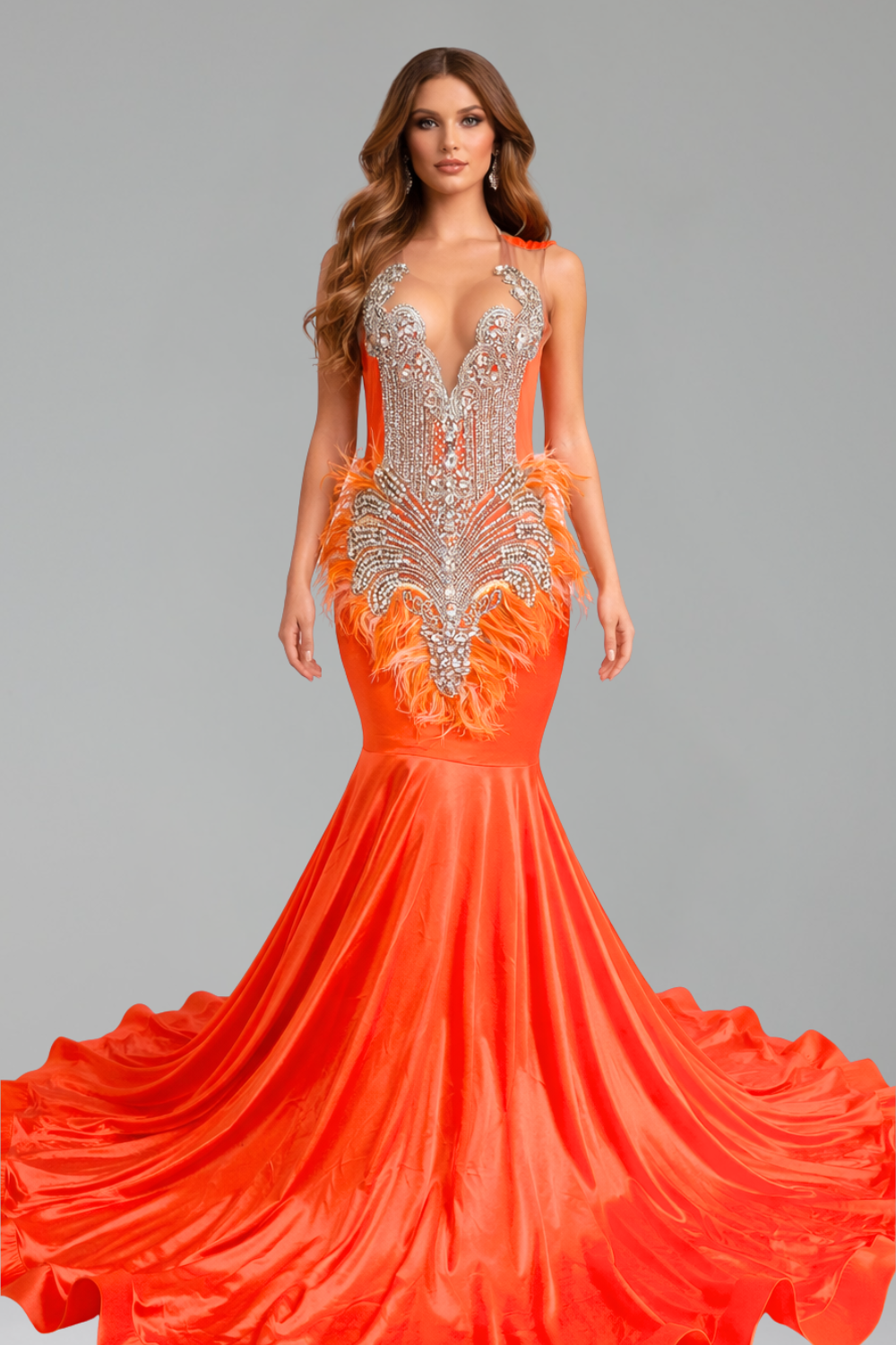 Feather Embellished Satin Mermaid Gown - LAROSABRIDE