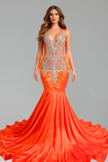Feather Embellished Satin Mermaid Gown - LAROSABRIDE