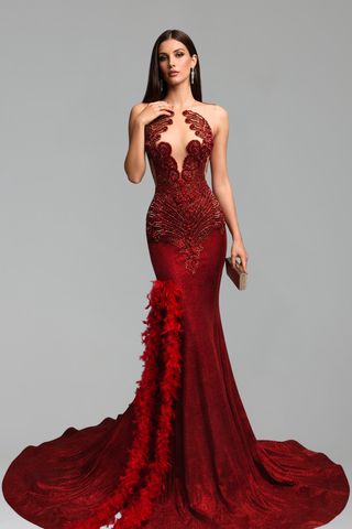 Feather Accent Beaded Mermaid Gown - LAROSABRIDE