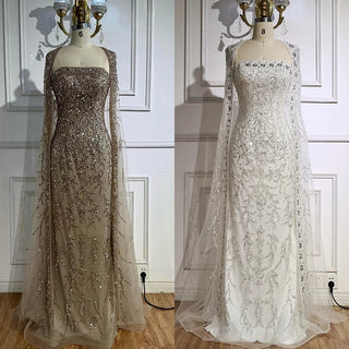 Ships in 2 to 5 Days - 2025 Luxury White Beaded Mermaid Evening Gown with Long Cape – Dubai-Inspired Arabic Formal Dress